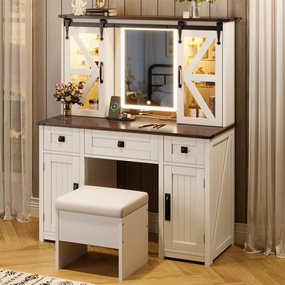Alvantor 43.3" Makeup Vanity with Mirror and Light, Vanity Table Set with Storage Stool and Charging Station, Dressing Table with Hidden Shelves & Cabinets for Bedroom, Beige