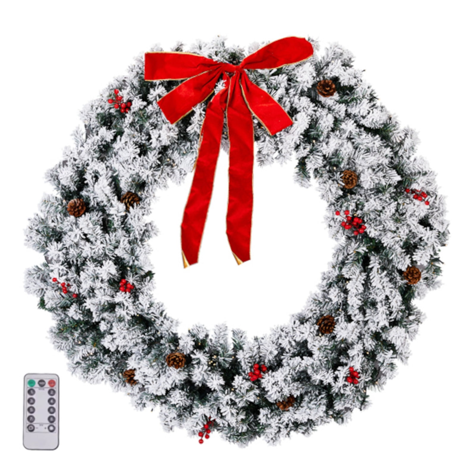 Alvantor 48 in Pre-Lit Snow-Flocked Christmas Wreath, 150 Warm White LED Lights, 450 PVC Tips, Remote Control, DIY Ornaments, Snowy Green