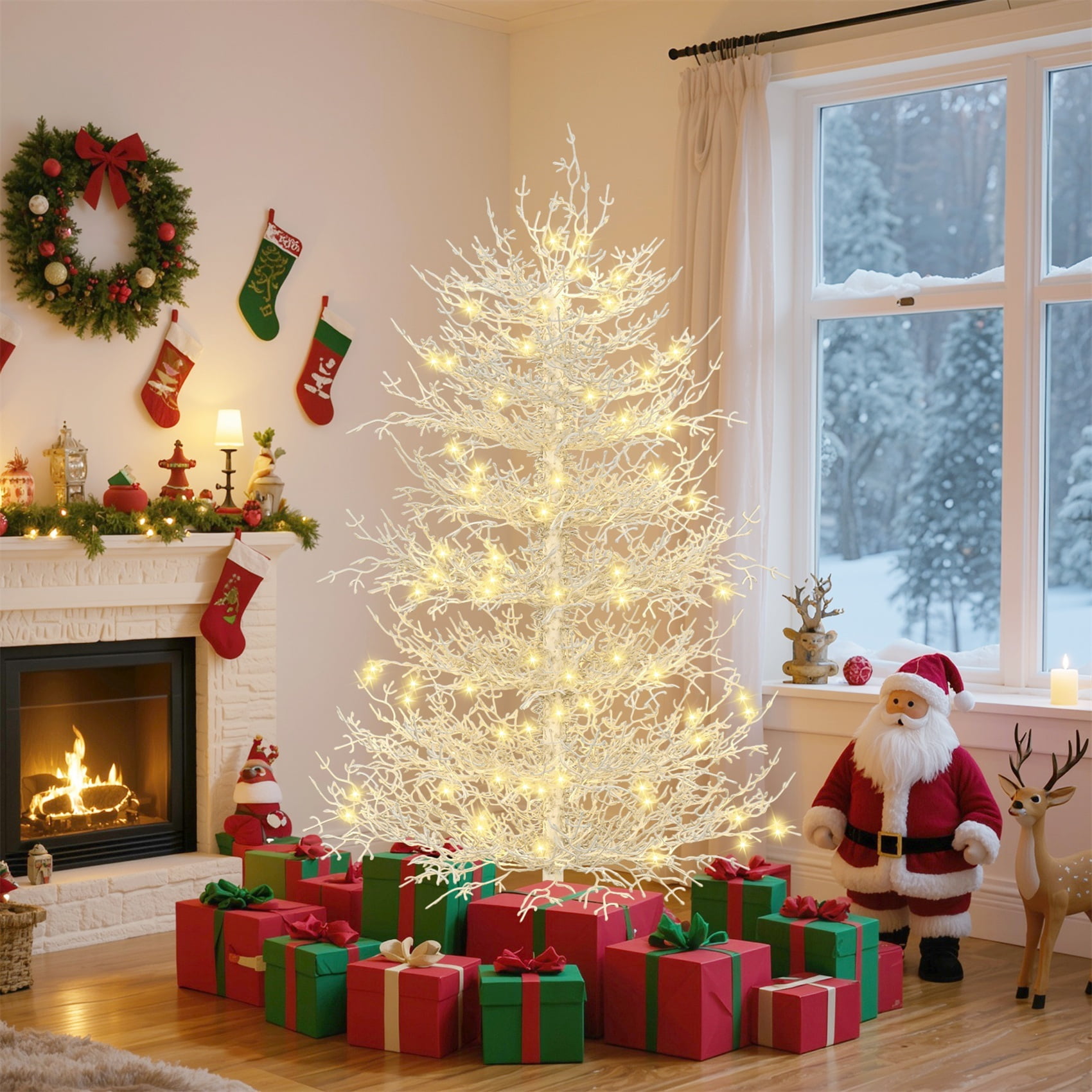 Alvantor 4Ft Pre-Lit Artificial Christmas Tree Aspen Fir Tree with Snow Flocked Branch Tips & 230 LED Lights for Holiday Decoration White