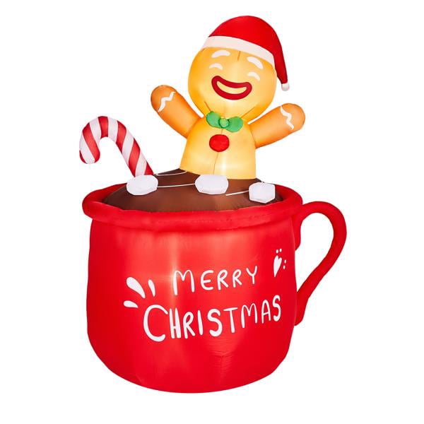 Alvantor 5.9 ft Lighted Gingerbread Man Christmas Inflatable in Hot Cocoa Cup, 3 Warm White LEDs, Outdoor Yard Decor