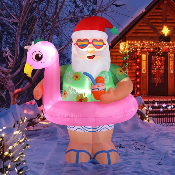 Alvantor 5.9 ft Pre-Lit Christmas Inflatable with Hawaiian Santa and Flamingo Float, Built-in LEDs, Multicolor