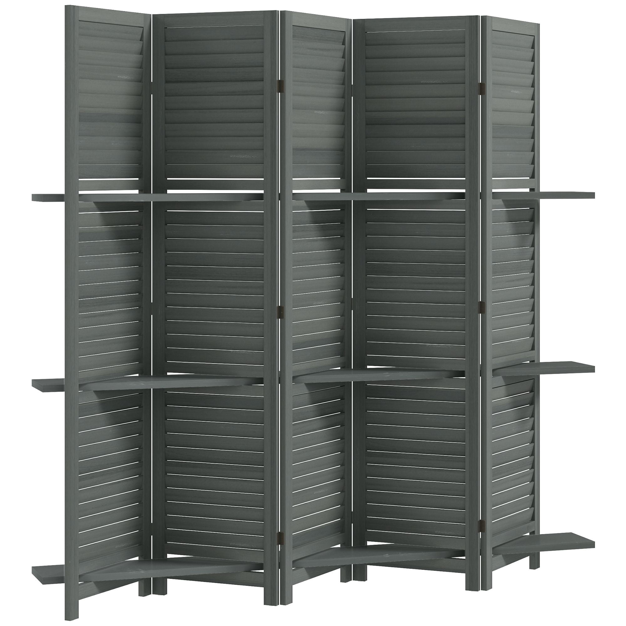 Alvantor 5 Panel Room Divider 67" Wood Privacy Screen with Storage Shelves for Porch Living Room Dorm Gray