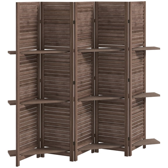 Alvantor 5 Panel Room Divider 67" Wood Privacy Screen with Storage Shelves for Porch Living Room Dorm Walnut