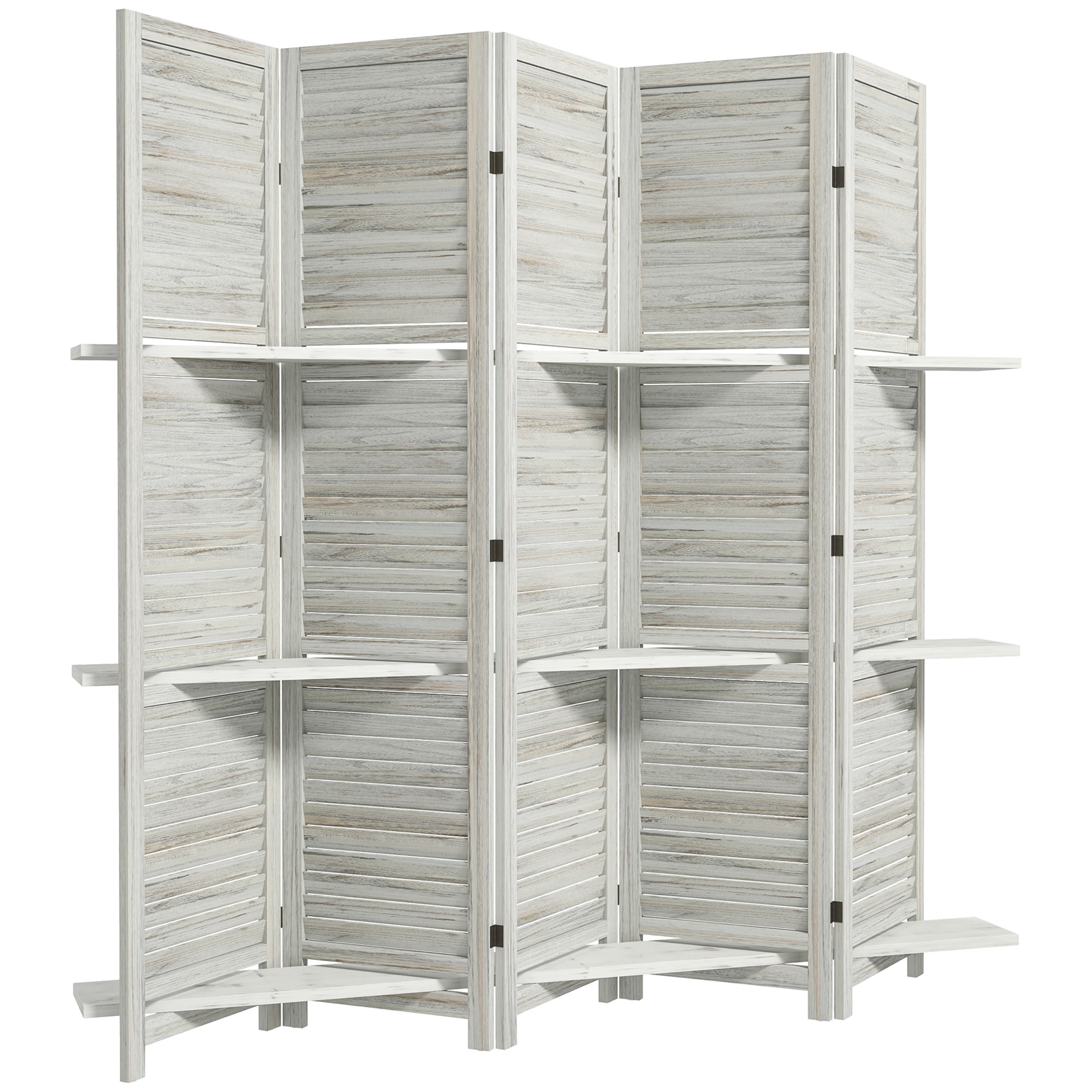 Alvantor 5 Panel Room Divider 67" Wood Privacy Screen with Storage Shelves for Porch Living Room Dorm White