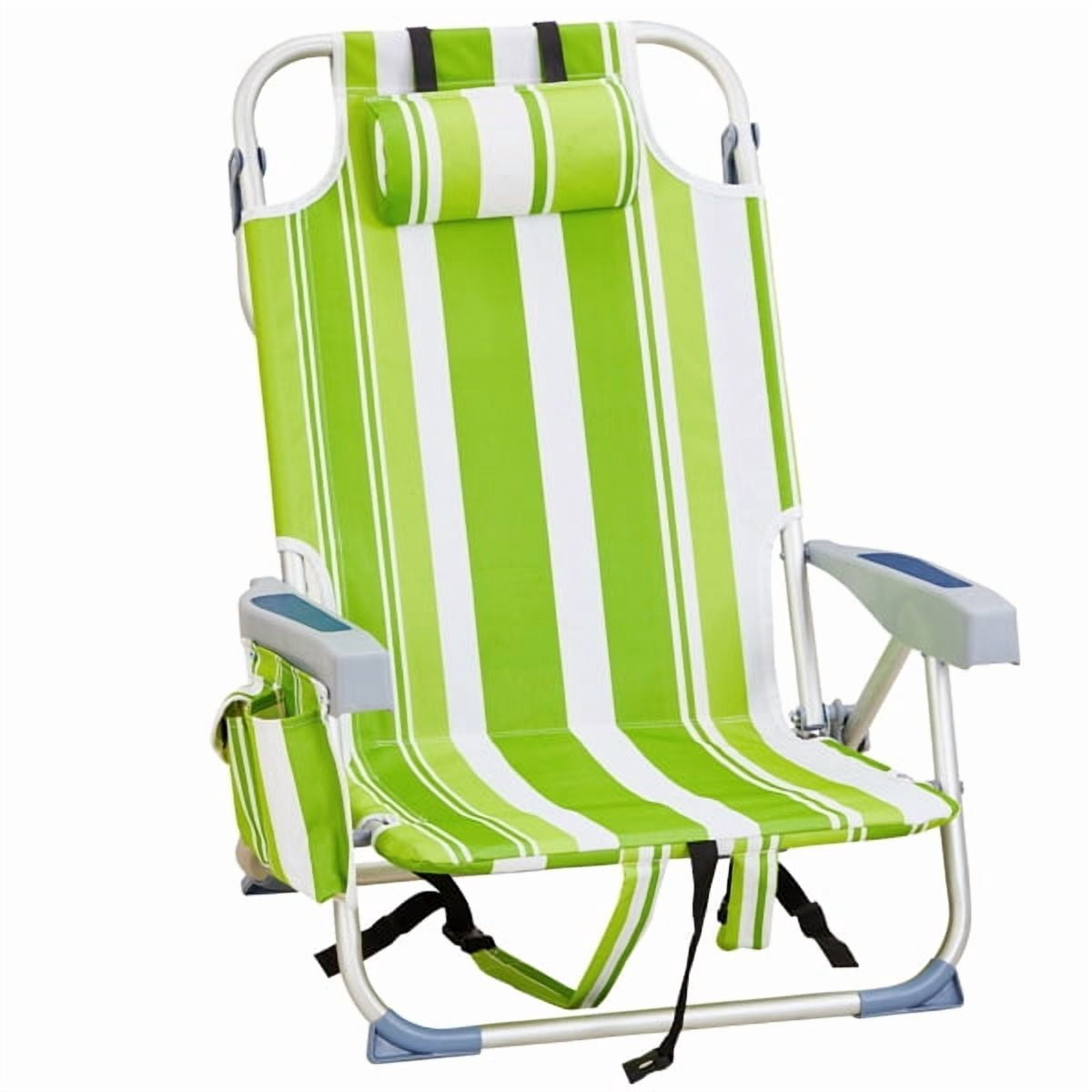 Alvantor 5-Position Folding Beach Chair for Adults with Headrest, Cup Holder, Cooler Bag, Shoulder Strap, Green Stripe