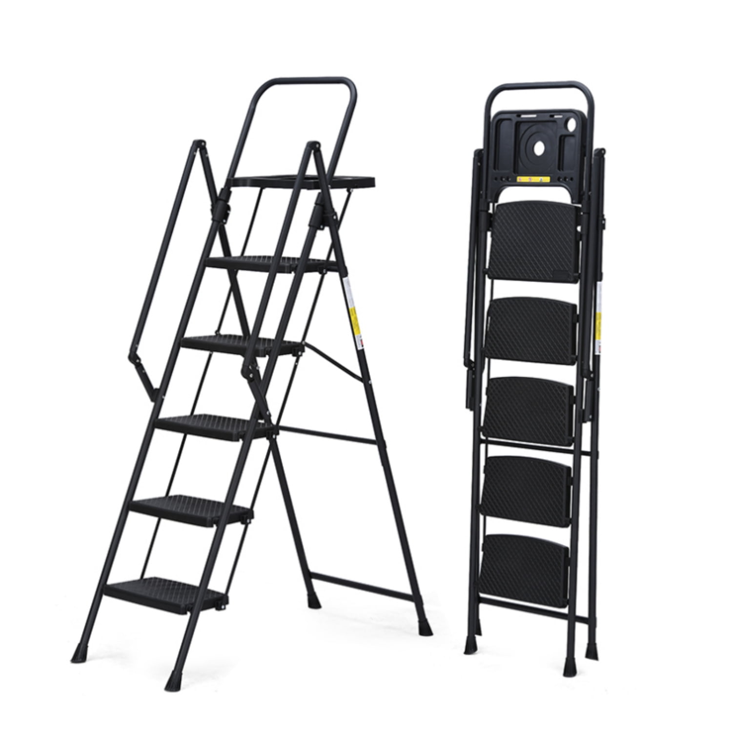Alvantor 5 Step Ladder, Portable Steel Folding Ladder with Tool Tray and Handrails Black