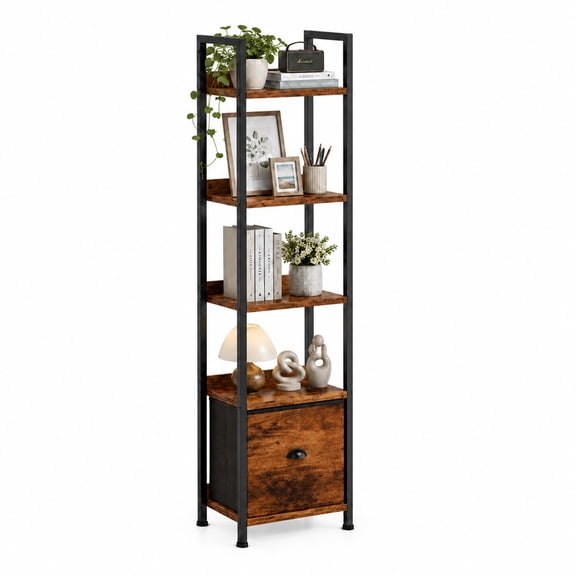 Alvantor 5-Tier Bookshelf, Industrial Bookcase with Drawer, Space-Saving Storage Bookcase for Bedroom, Living Room & Home Office