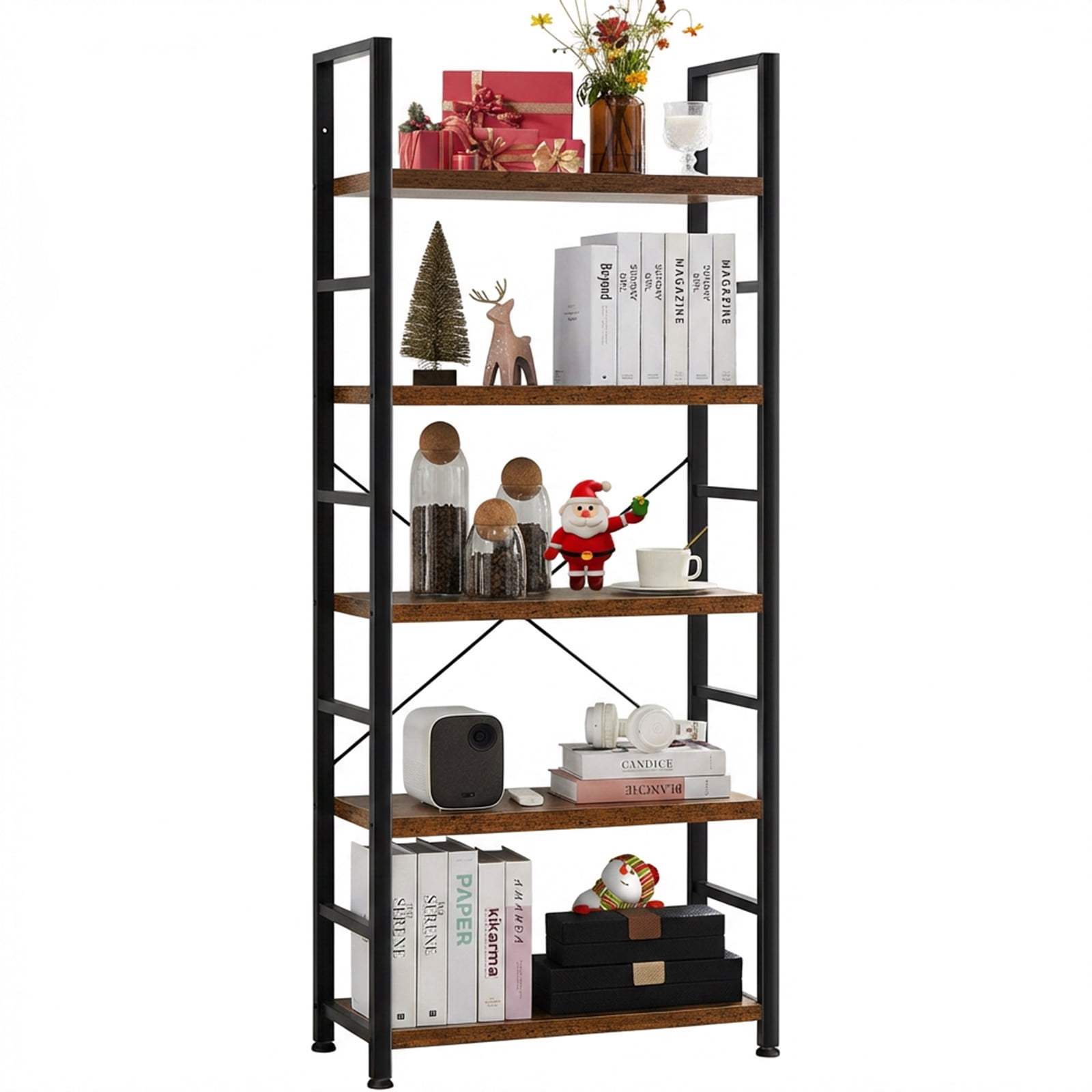 Alvantor 5-Tier Bookshelf, Modern Narrow Bookcase with 30lbs Shelf Capacity, Storage Shelf for Living Room/Office, Brown/Black