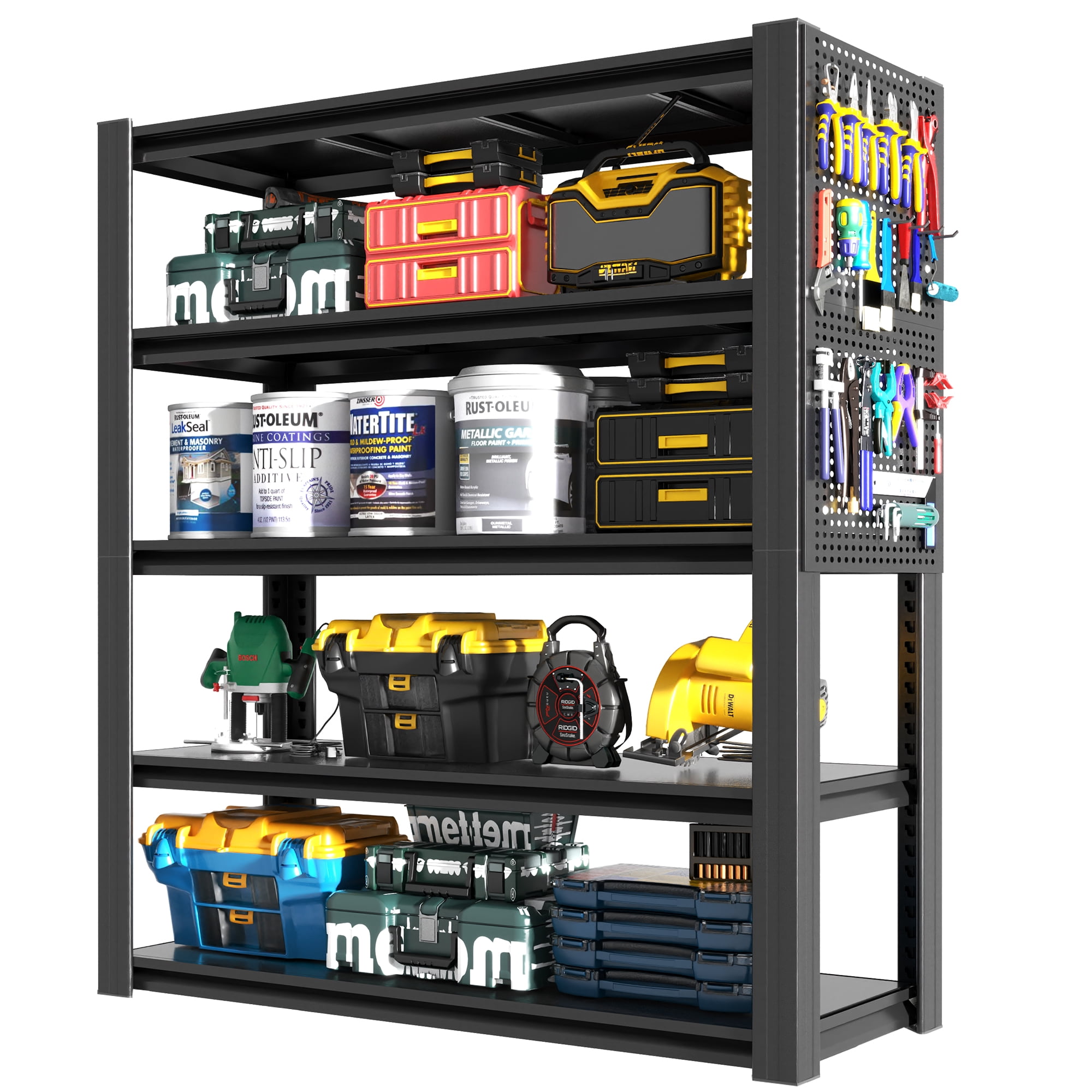 Alvantor 5 Tier Storage Shelves, Metal Storage Shelving with Pegboard & Adjustable Shelf for Garage Basement, 47.2"W*23.6"D*72"H Black