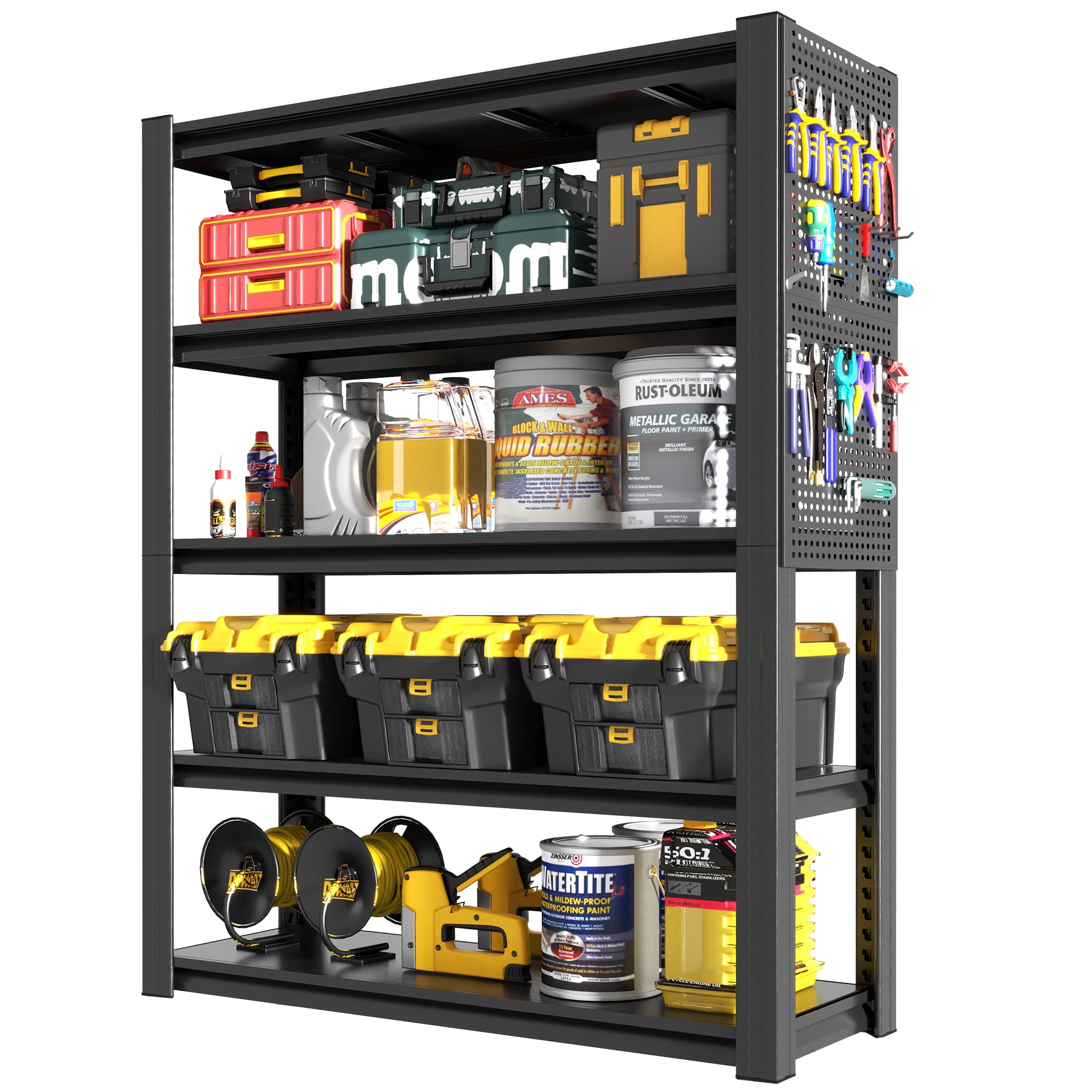 Alvantor 5 Tier Storage Shelves with Pegboard, Heavy Duty Adjustable Shelving Industrial Shelf for Garages, Offices 24"D x 47.5"W x 72"H Black