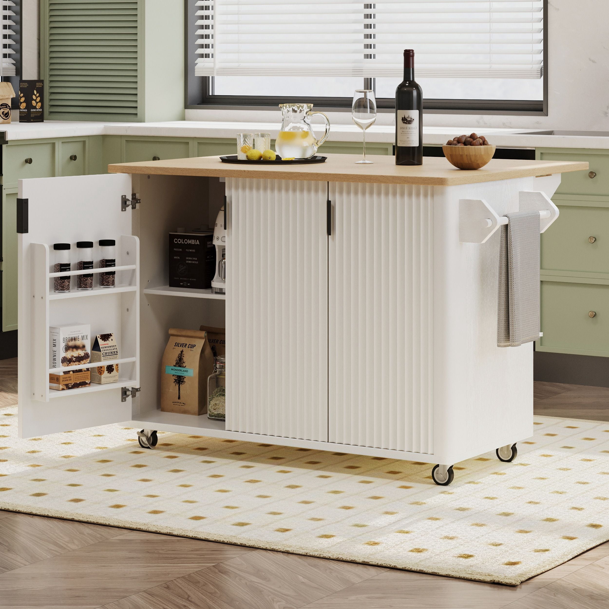 Alvantor 51" Fluted Kitchen Island with Storage, Drop Leaf Cart, Towel Rack, White Ash