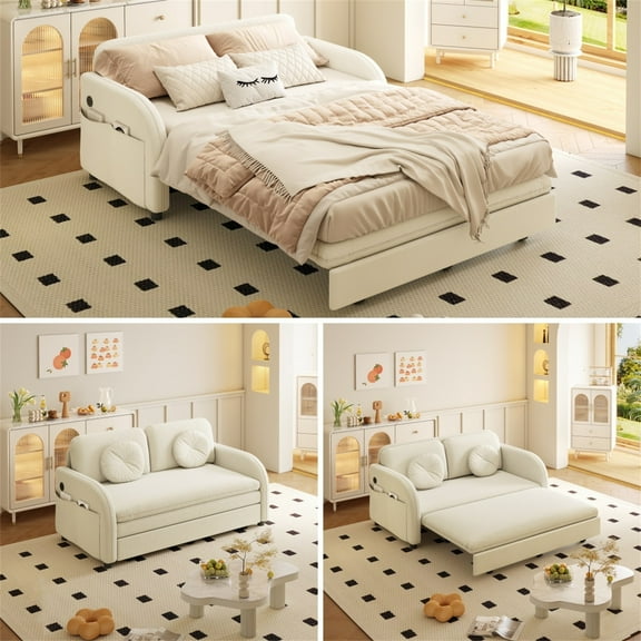 Alvantor 52" W Convertible Sleeper Sofa Bed Chenille Pull Out Loveseat with Side Pocket & USB Port & Pillows for living room, Apartment, Beige