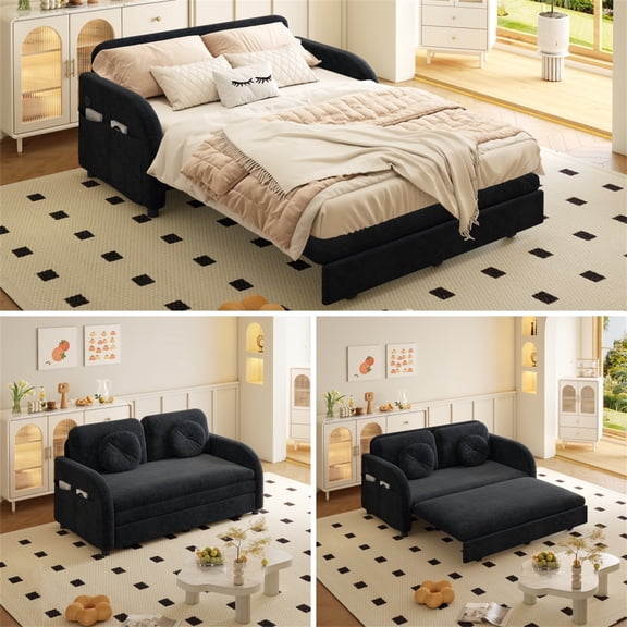 Alvantor 52" W Convertible Sleeper Sofa Bed Chenille Pull Out Loveseat with Side Pocket & USB Port & Pillows for living room, Apartment, Black