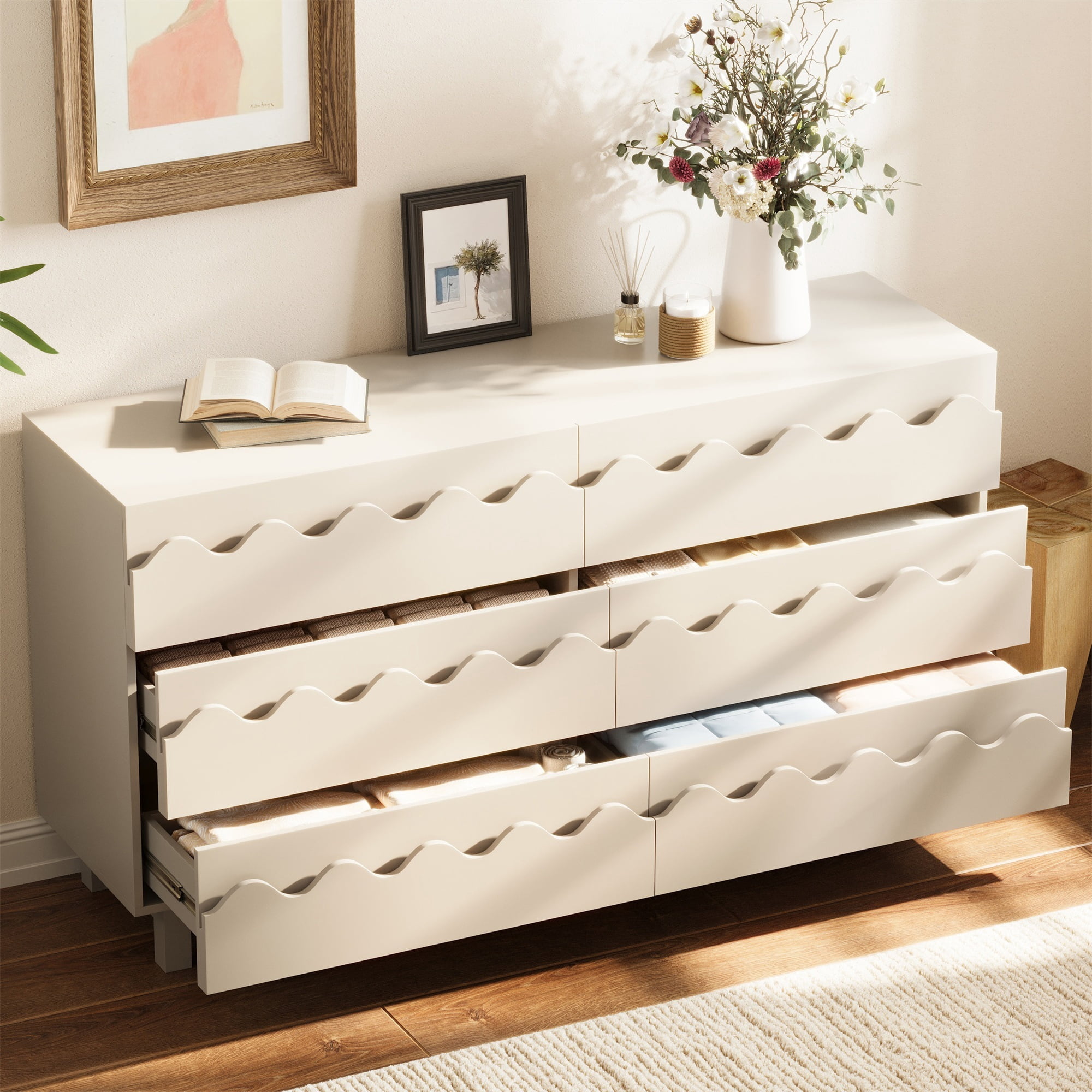 Alvantor 6 Drawer Dresser, 60" Wide Wooden Chest of Drawers, Fluted Dresser for Bedroom Ivory