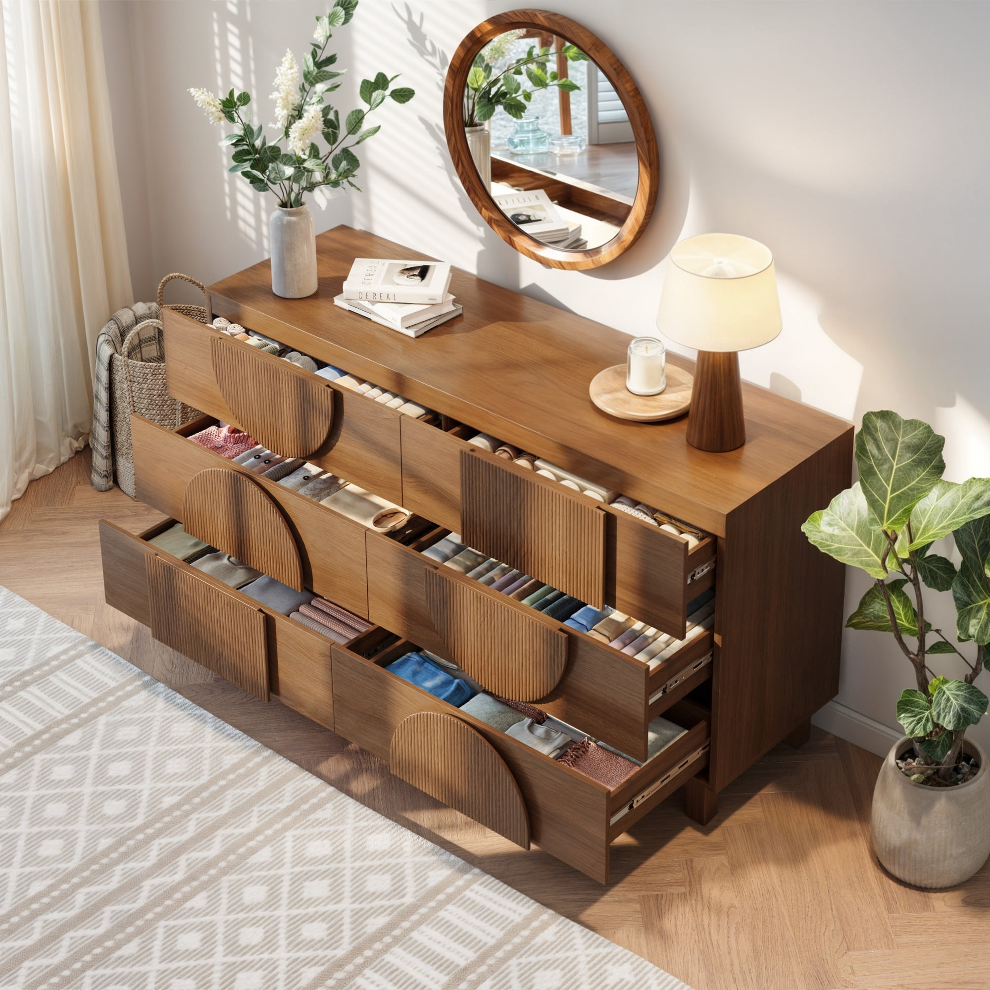 Alvantor 6 Drawer Dresser, 60" Wide Wooden Chest of Drawers, Fluted Dresser for Bedroom,Living Room, Hallway Brown