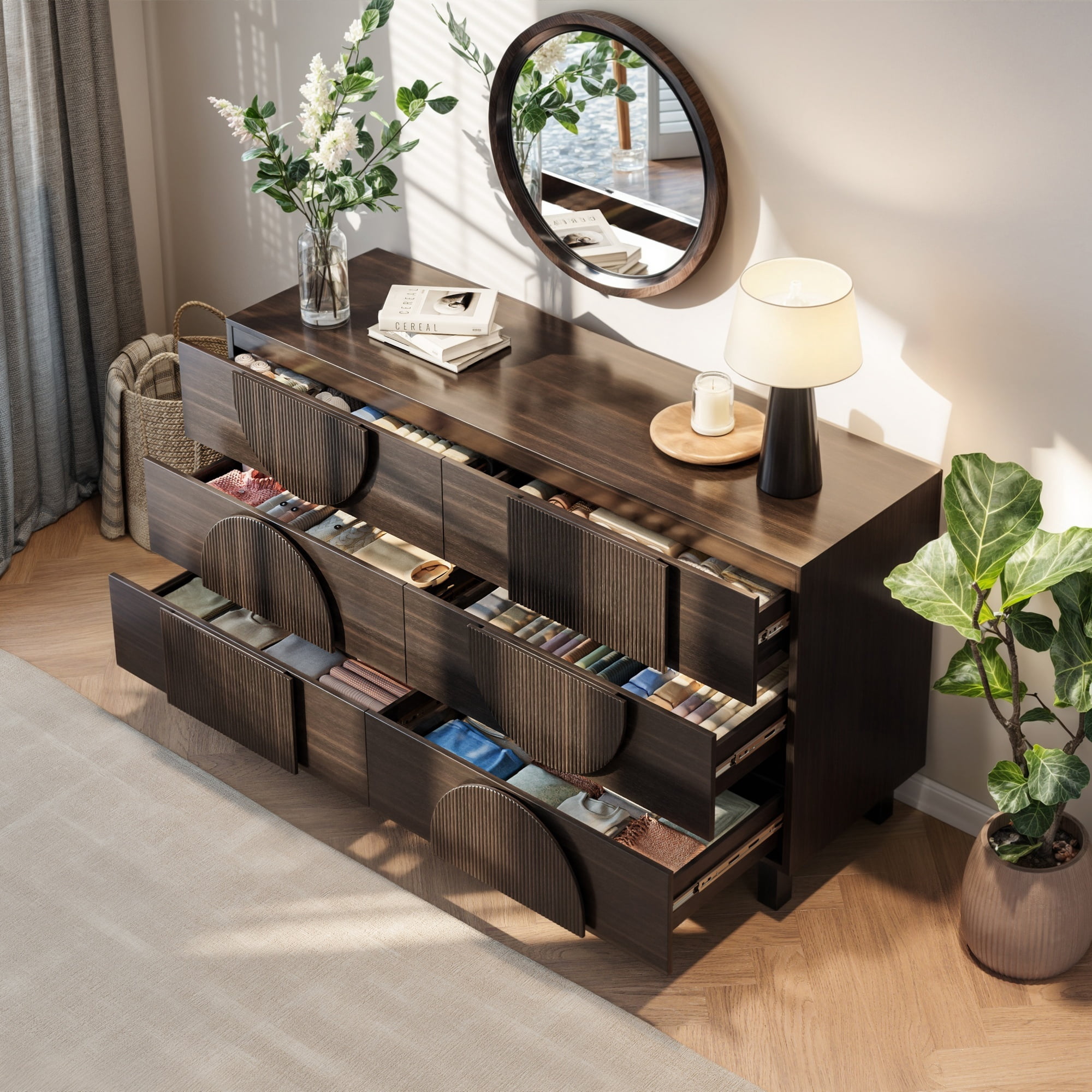 Alvantor 6 Drawer Dresser, 60" Wide Wooden Chest of Drawers, Fluted Dresser for Bedroom,Living Room, Hallway Dark Brown
