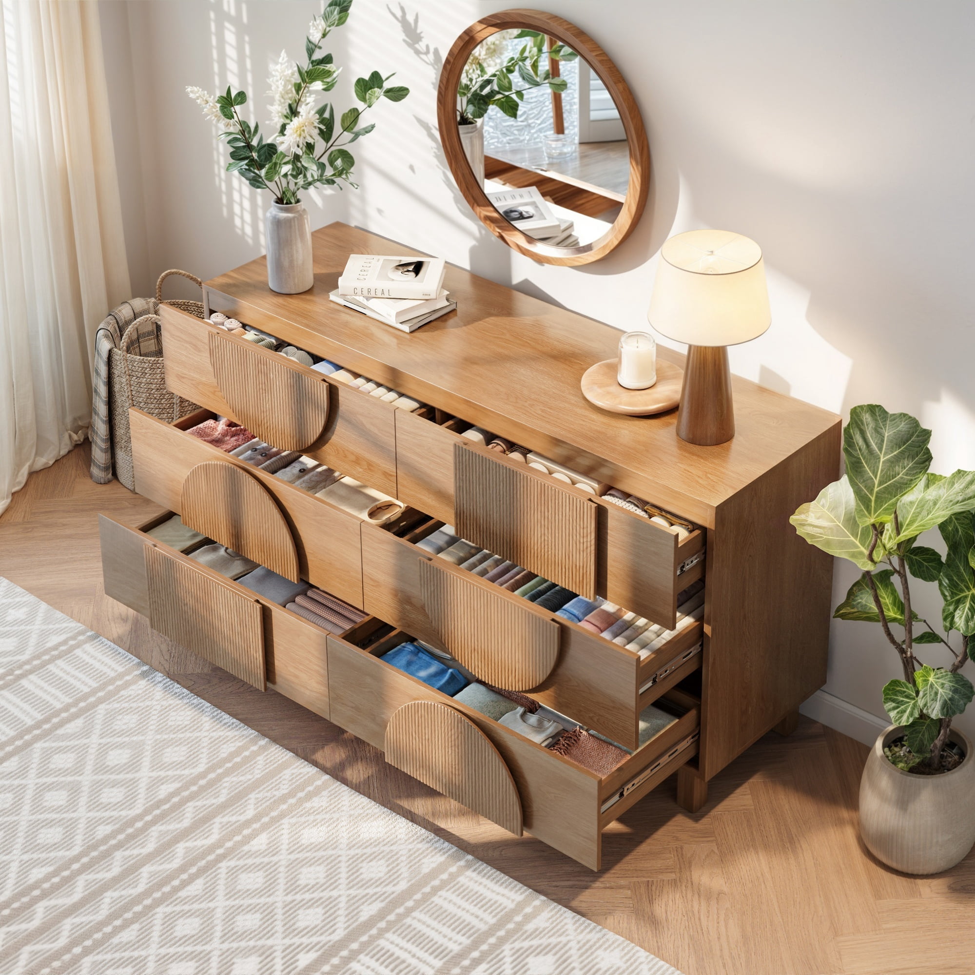 Alvantor 6 Drawer Dresser, 60" Wide Wooden Chest of Drawers, Fluted Dresser for Bedroom,Living Room, Hallway Natural