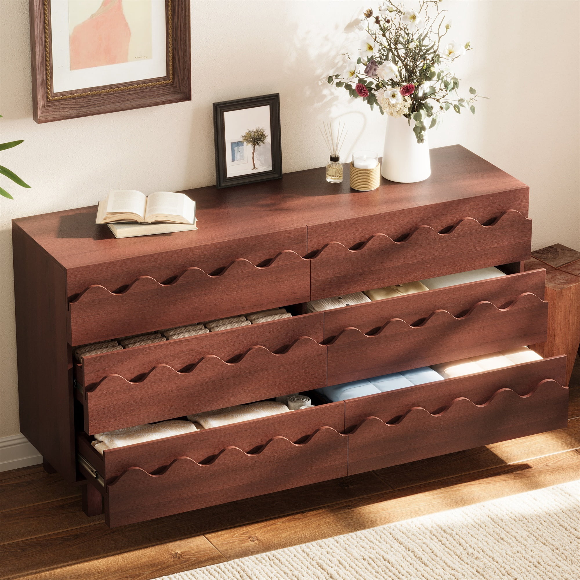 Alvantor 6 Drawer Dresser, 60" Wide Wooden Chest of Drawers, Fluted Dresser for Bedroom Walnut