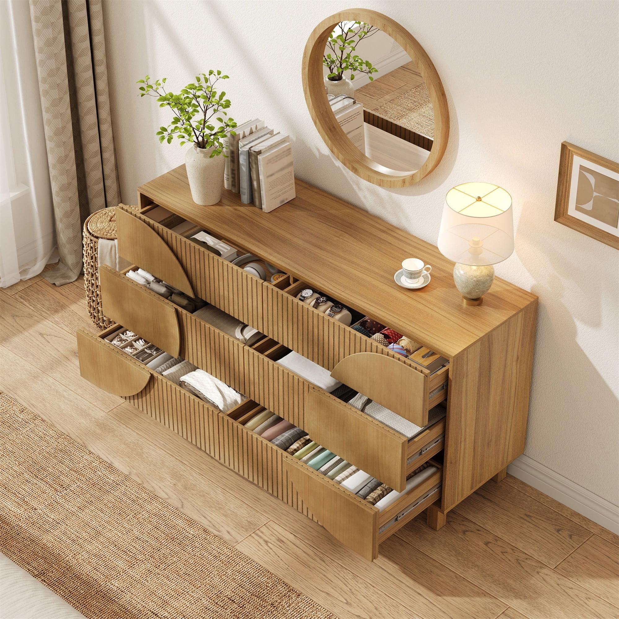 Alvantor 6 Drawer Dresser, 60" Wide Wooden Chest of Drawers with Upgraded Stable Base, Fluted Dresser for Bedroom Brown