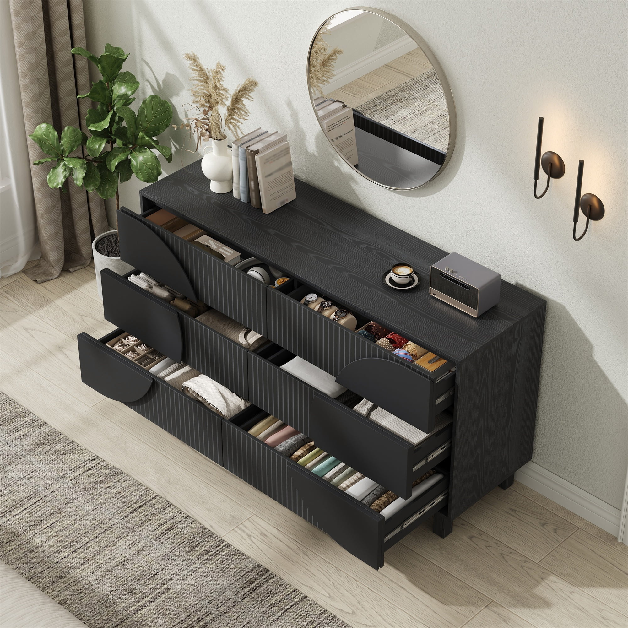 Alvantor 6 Drawer Dresser, 60" Wide Wooden Chest of Drawers with Upgraded Stable Base, Fluted Dresser for Bedroom Carbon Black