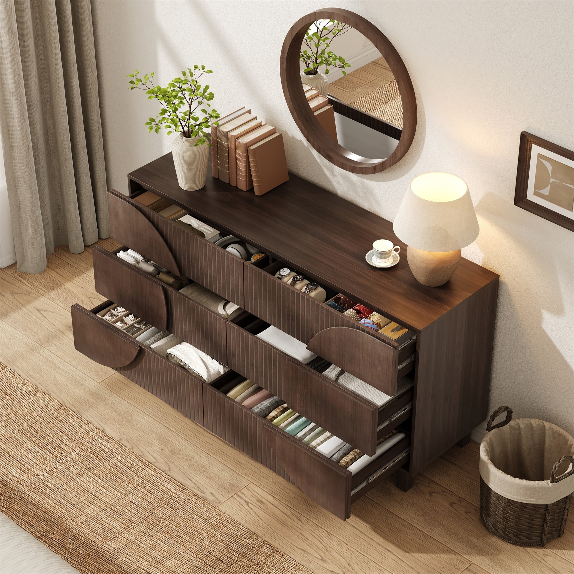 Alvantor 6 Drawer Dresser, 60" Wide Wooden Chest of Drawers with Upgraded Stable Base, Fluted Dresser for Bedroom Dark Brown