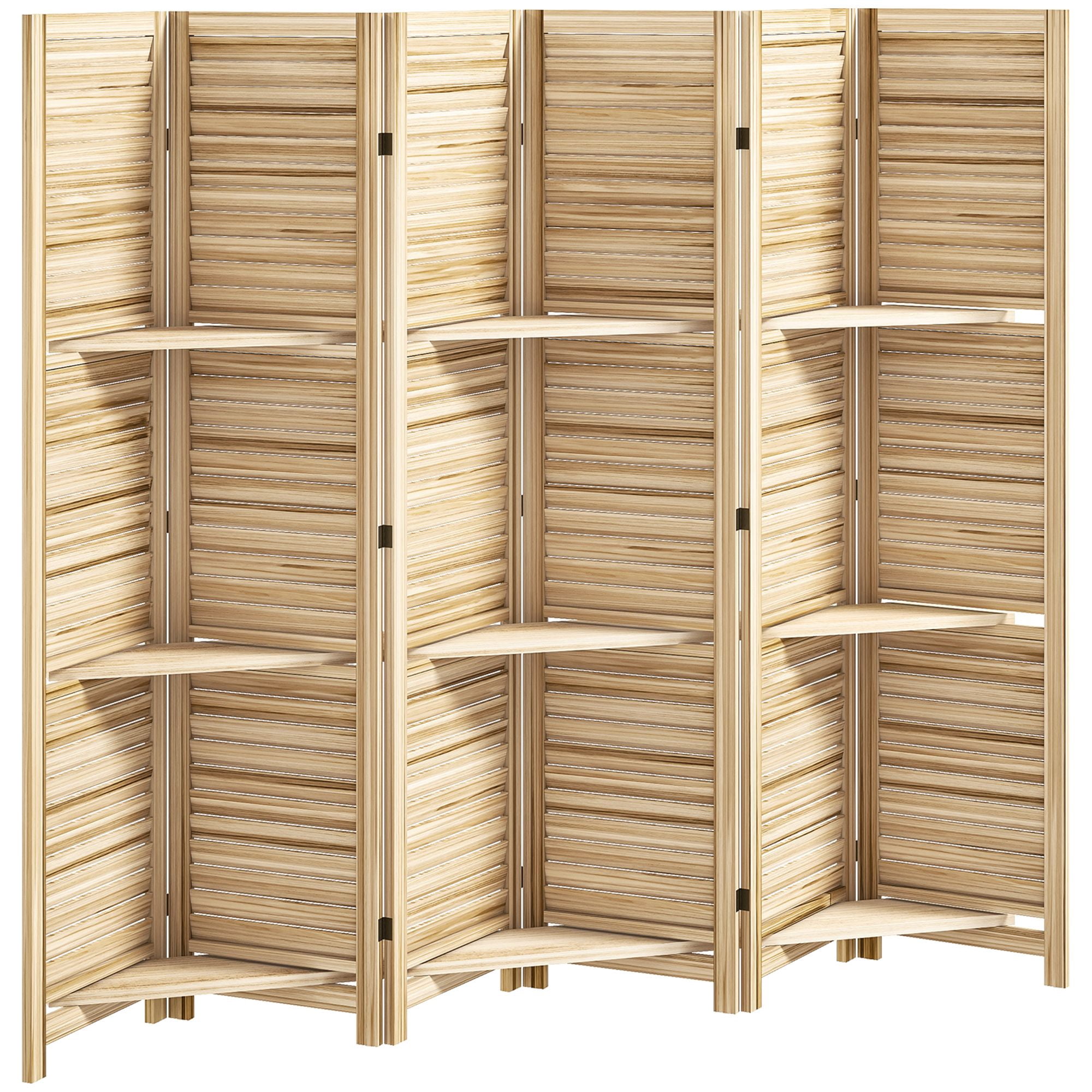 Alvantor 6 Panel Room Divider 67" Wood Privacy Screen with Storage Shelves for Porch Living Room Dorm Natural Wood