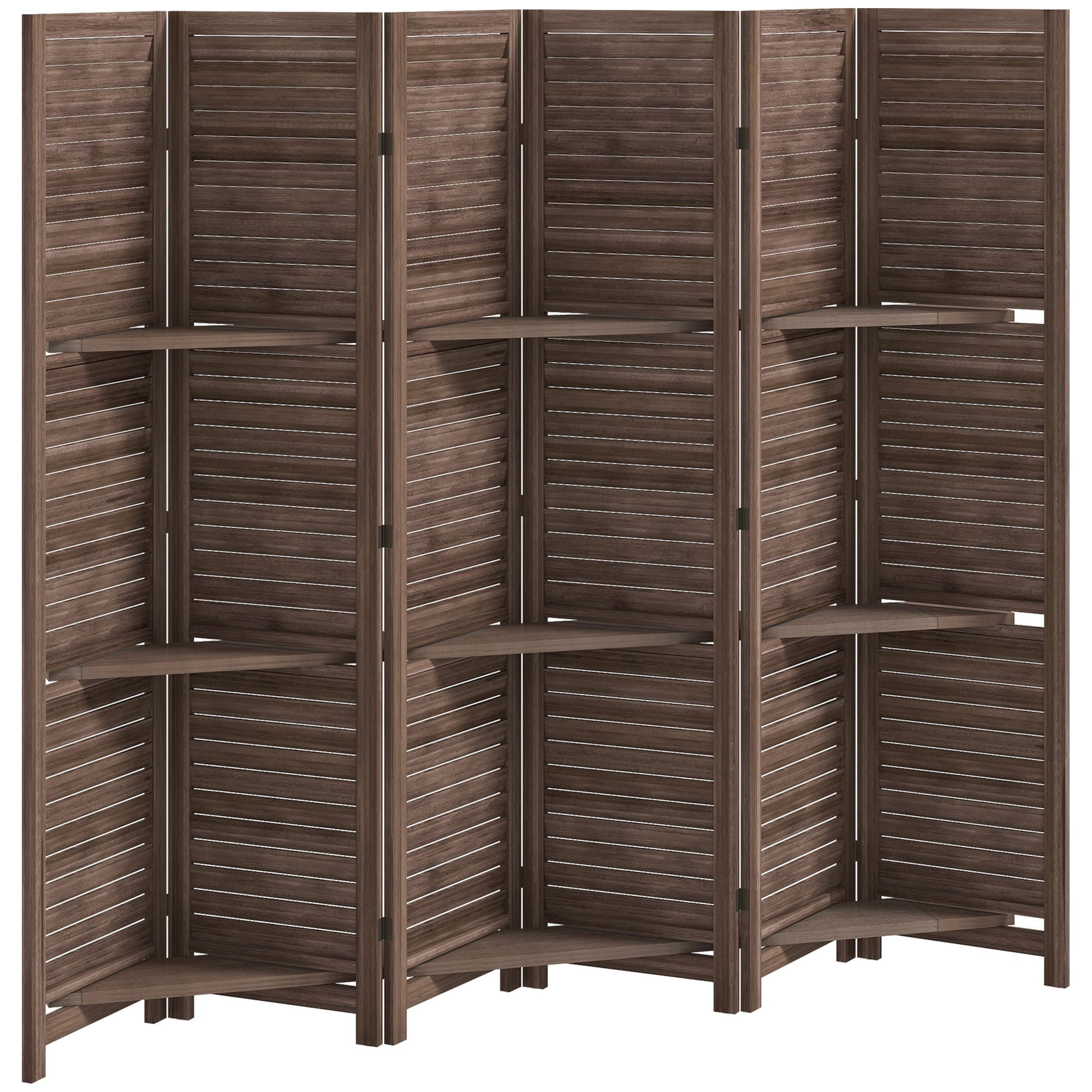 Alvantor 6 Panel Freestanding Room Divider in Walnut with Storage Shelves, 67 Inch Wood Privacy Screen