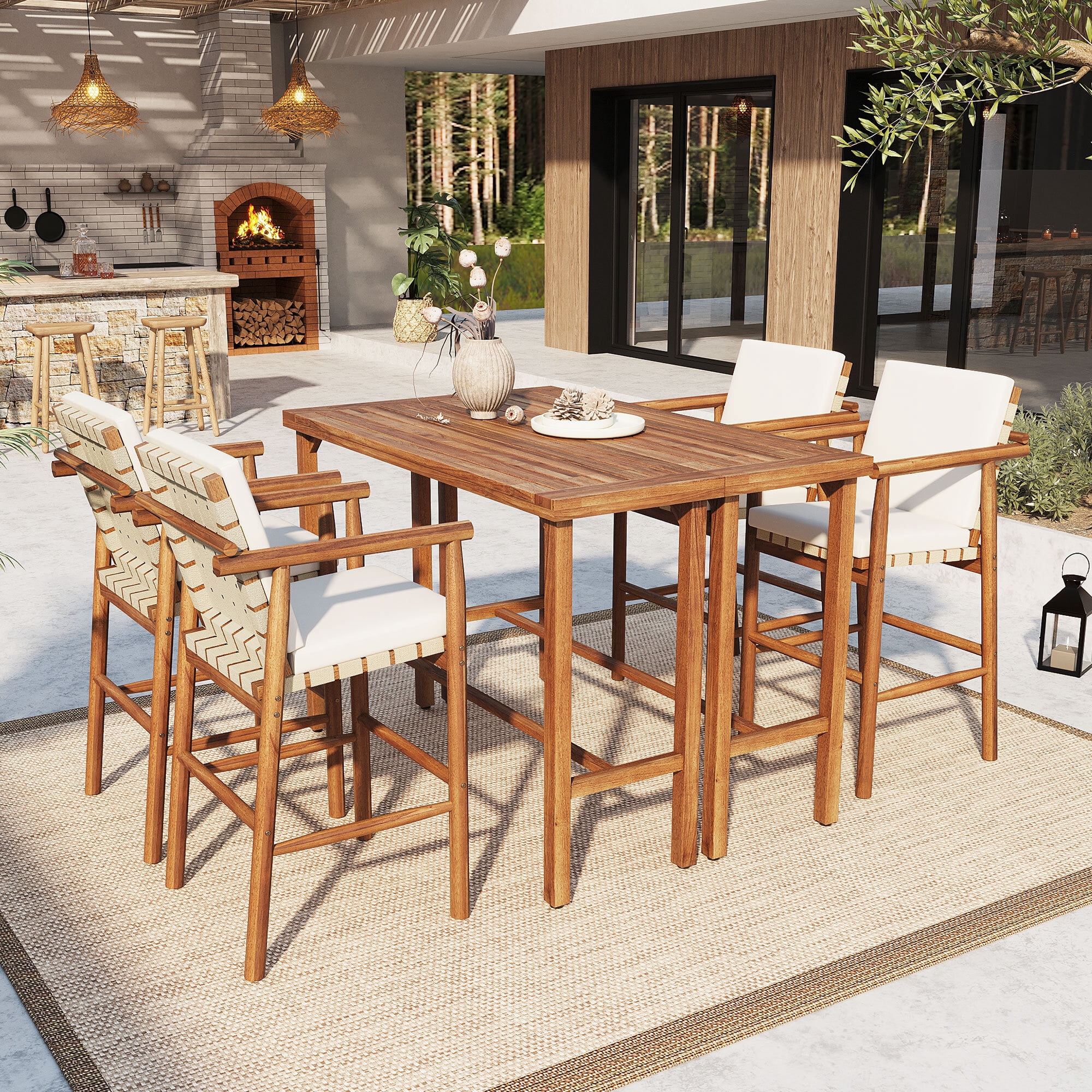 Alvantor 6 Piece Outdoor Bar Set, Wood 2 Bar Height Table & 4 Stools with Cushions, Dining Bar Set for Backyard, Poolside, Balcony Nature
