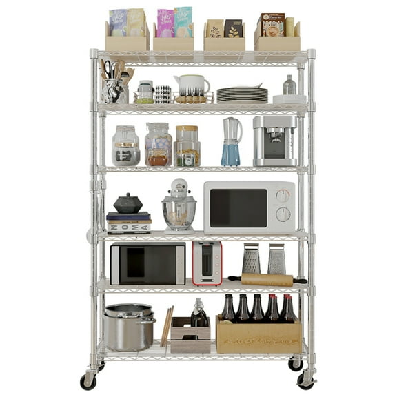 Alvantor 6-Tier Steel Wire Shelving Unit Storage Rack with Wheels, Silver, 46" L x 18" W x 82" H