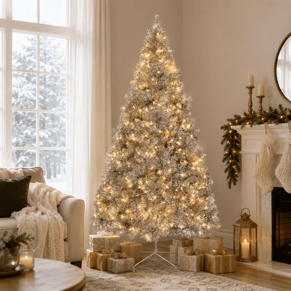 Alvantor 6 ft Pre-Lit Artificial Christmas Tree with 300 Warm White LED Lights and Remote Control, Indoor Christmas Decorations, Silver