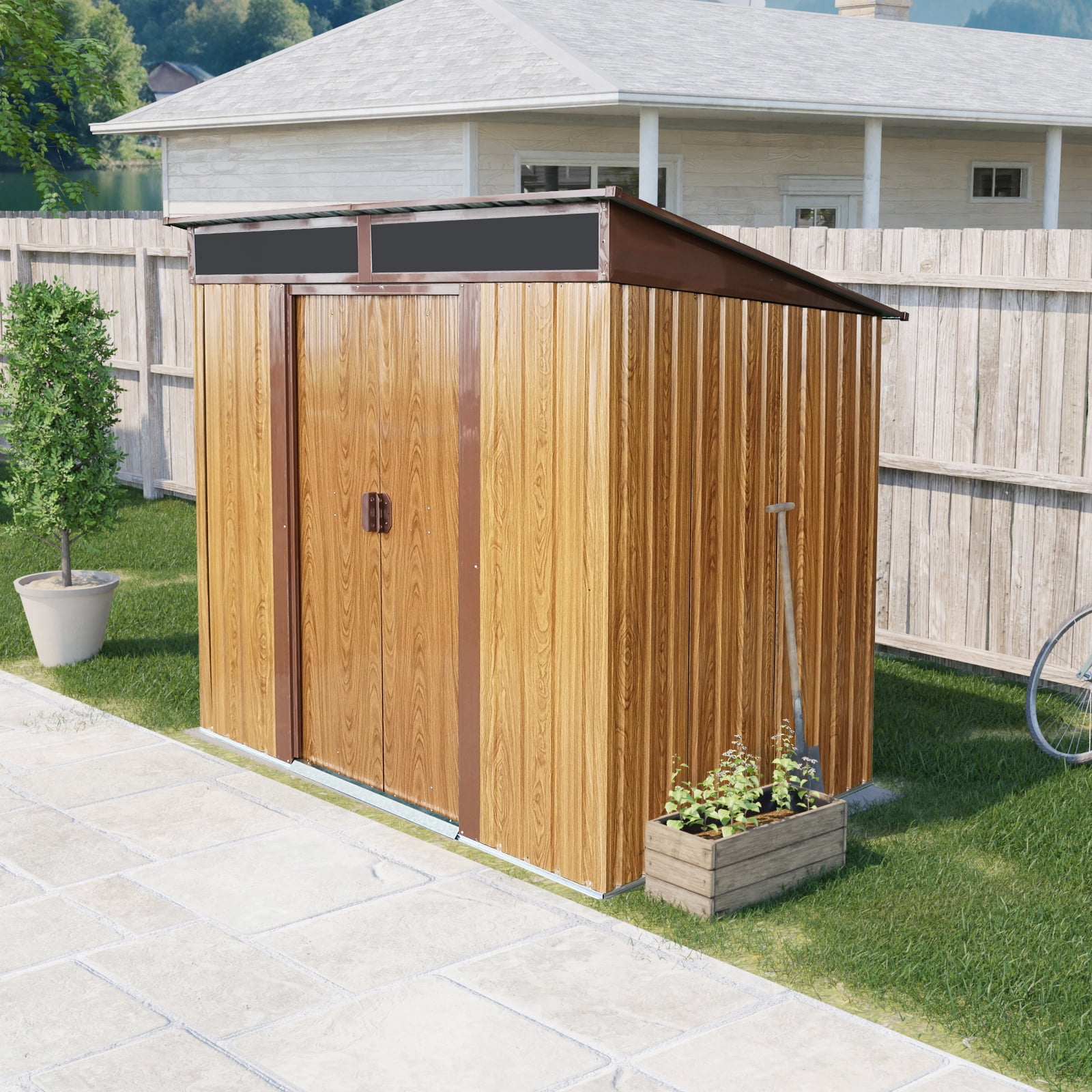 Alvantor 6 x 5 Ft Outdoor Storage Shed Metal Garden Shed with Sliding Doors and Transparent plate for Backyard, Garden Coffee