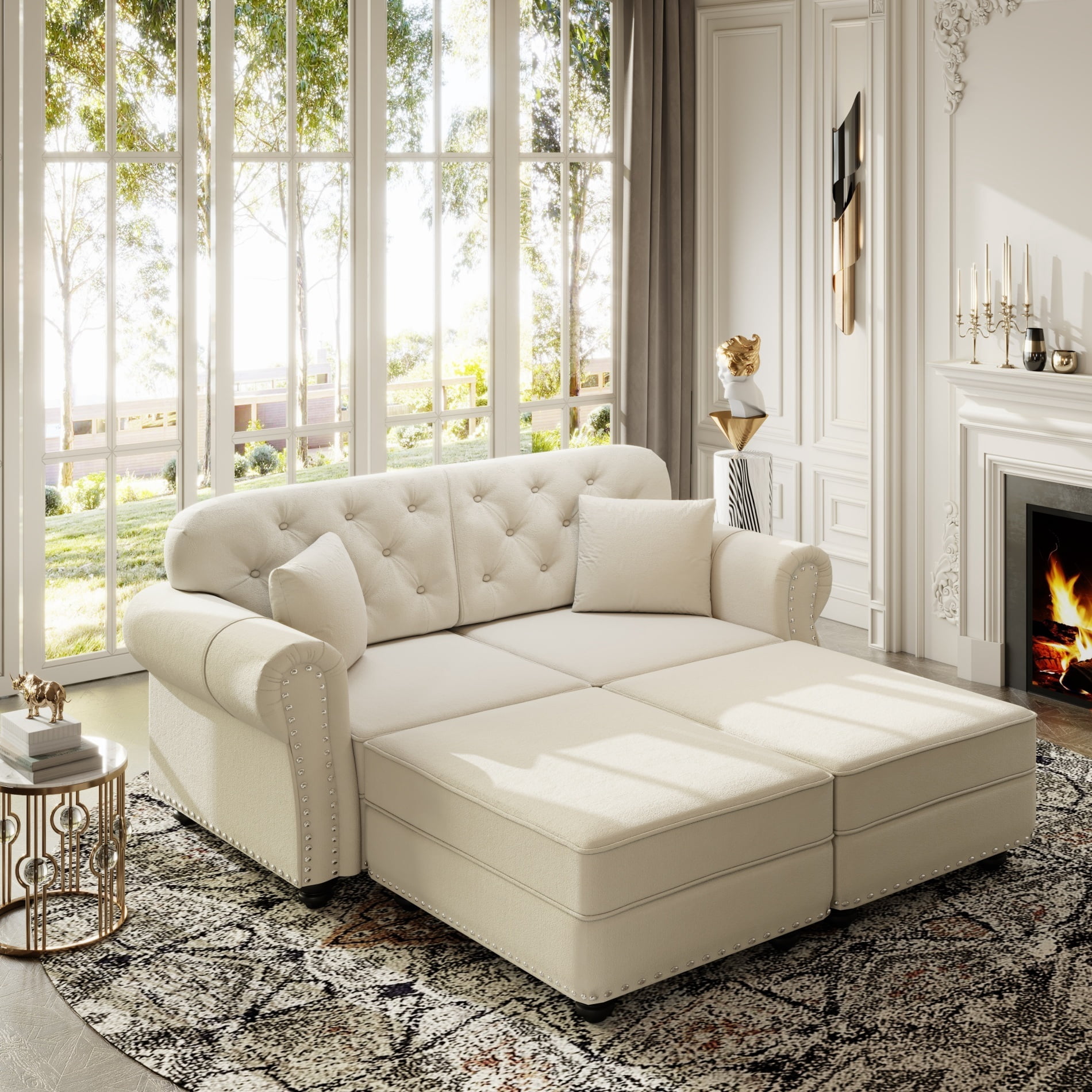Alvantor 63" Loveseat sofa with Ottman, Upholstered Velvet Couch with Nailhead Trim and Rolled Armrests, Mid-Century Modern Sofa for Living Room Beige