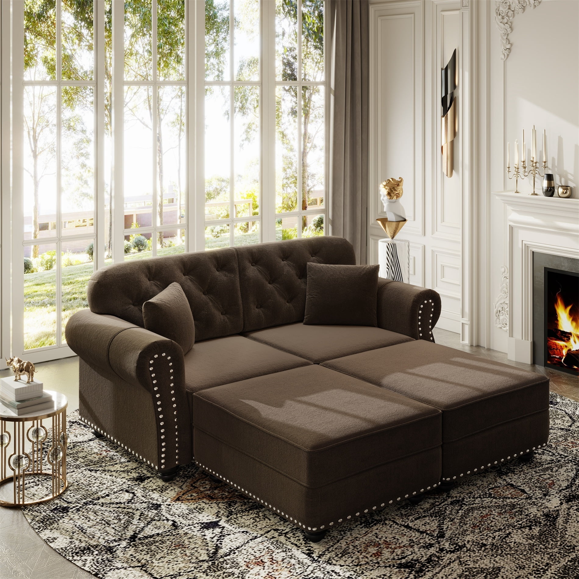 Alvantor 63" Loveseat sofa with Ottman, Upholstered Velvet Couch with Nailhead Trim and Rolled Armrests, Mid-Century Modern Sofa for Living Room Brown
