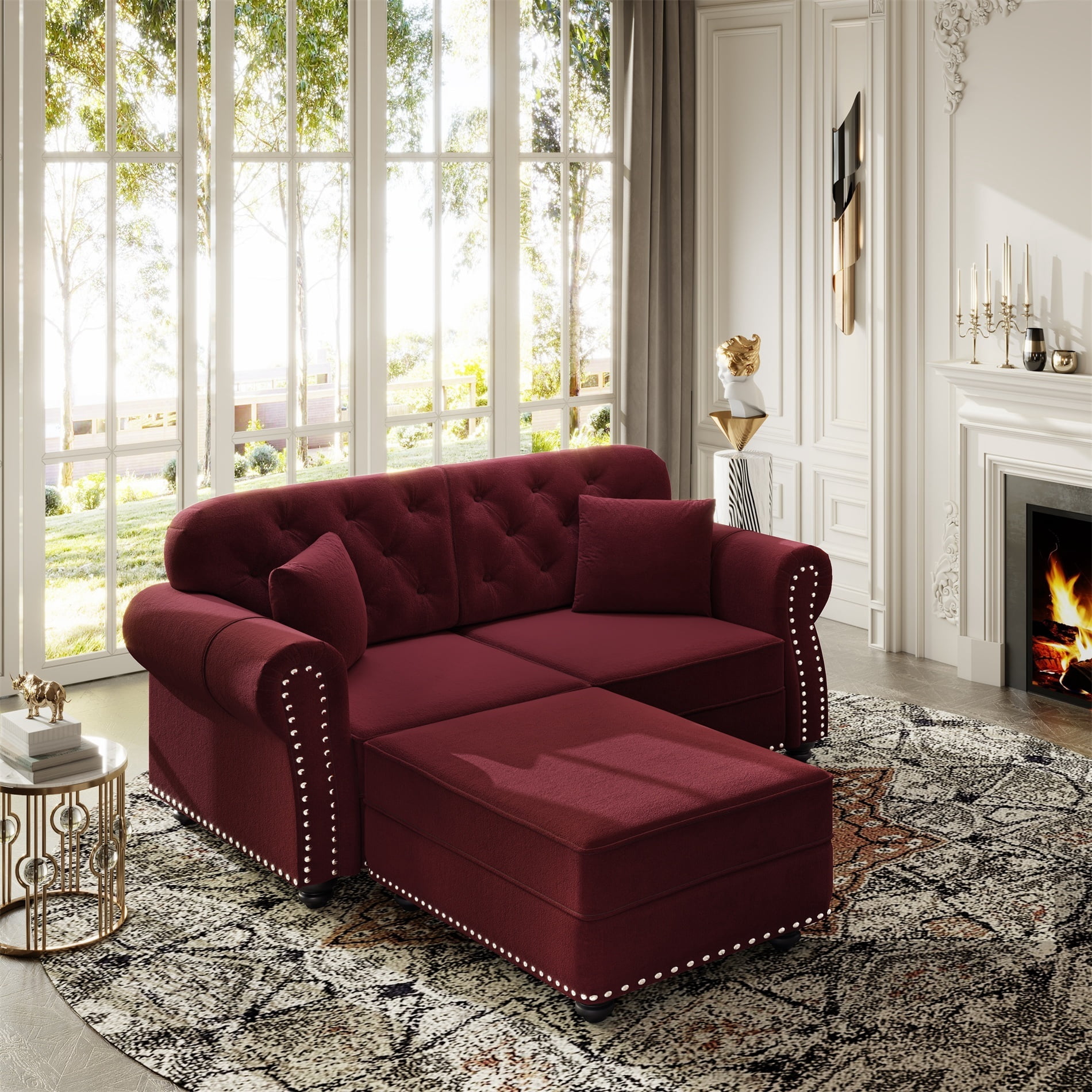 Alvantor 63" Loveseat sofa with Ottman, Upholstered Velvet Couch with Nailhead Trim and Rolled Armrests, Mid-Century Modern Sofa for Living Room Burgundy