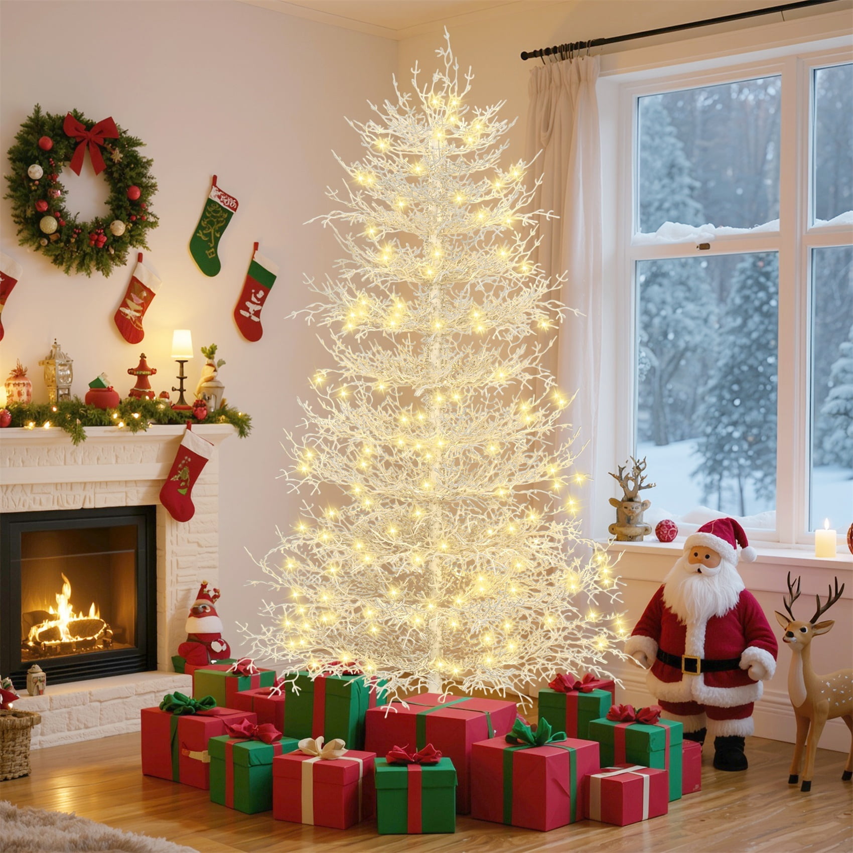Alvantor 6Ft Pre-Lit Artificial Christmas Tree Aspen Fir Tree with Snow Flocked Branch Tips & 420 LED Lights for Holiday Decoration White