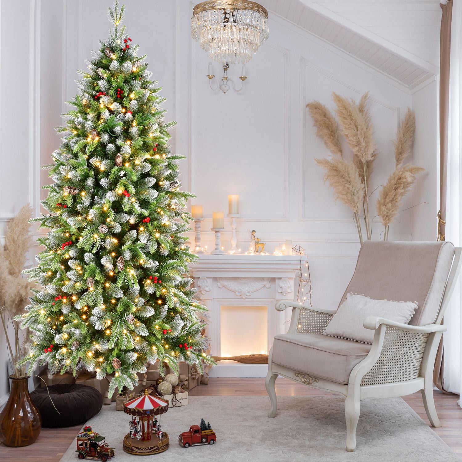 Alvantor 6ft Pre-Lit Christmas Tree Artificial Tree with 1264 Tips & 380 LED Lights & Pine Cones for Indoor Holiday Decoration Green