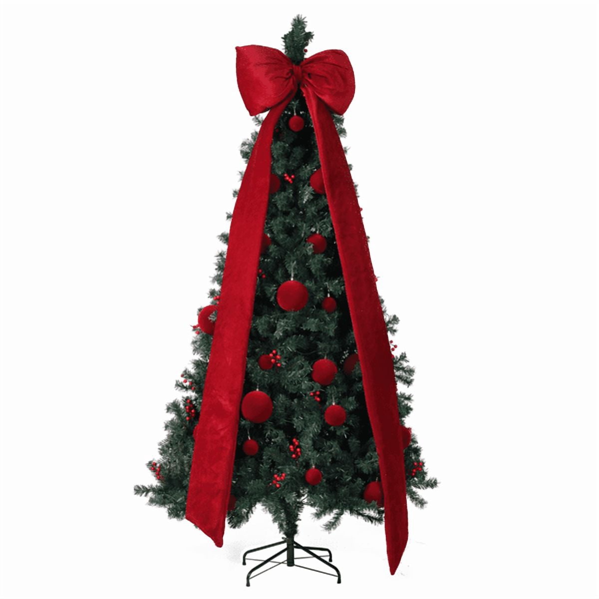 Alvantor 7.5 ft Dark Green Artificial Christmas Tree, 1600 PVC Tips, 300 Warm White LEDs with Remote, Oversized Red Bow and Ornaments