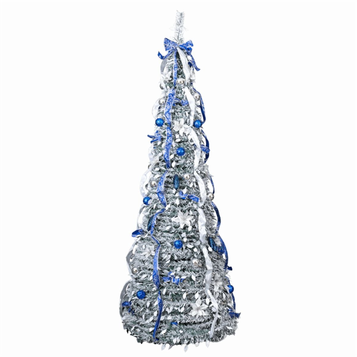 Alvantor 7 ft Fully Decorated Snow-Flocked Pre-Lit Pop-Up Christmas Tree with 200 Warm White LEDs, Remote Control, Blue and Silver Ornaments