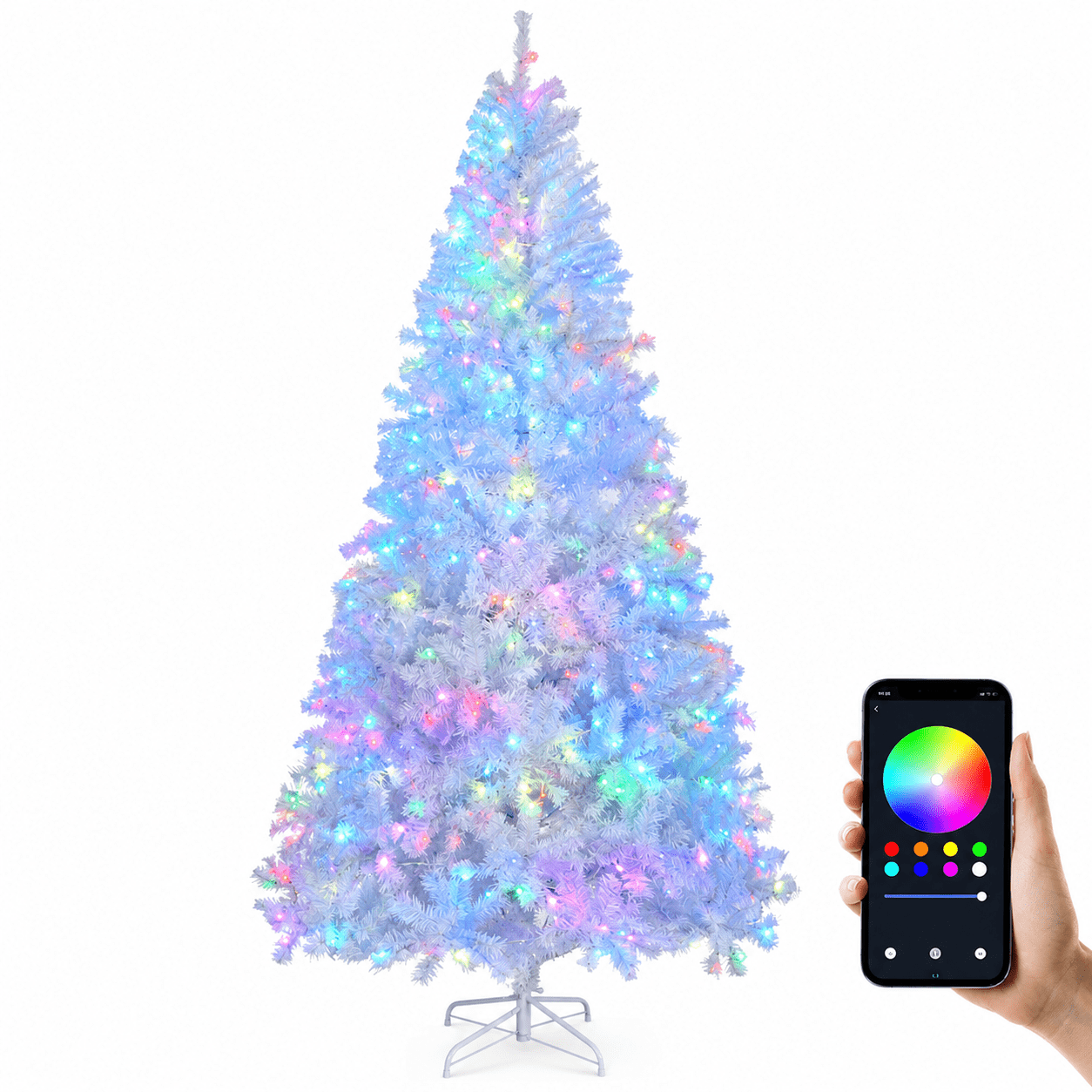 Alvantor 7 ft Pre-Lit Artificial Christmas Tree with 400 App-Controlled RGB LED Lights, Hinged Branches and 1150 PVC Tips, White