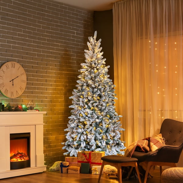 Alvantor 7 ft Pre-Lit Flocked Pencil Christmas Tree, 400 Warm White LED Lights, 8 Modes, 1100 Tips, Snowy Green