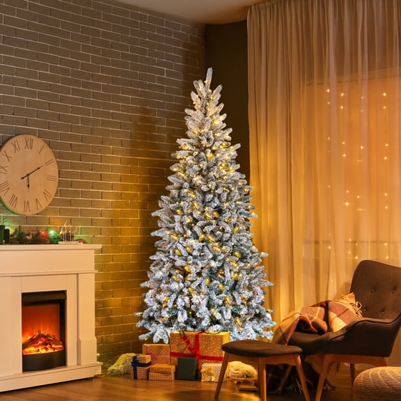 Alvantor 7 ft Pre-Lit Flocked Pencil Christmas Tree, 400 Warm White LED Lights, 8 Modes, 1100 Tips, Snowy Green