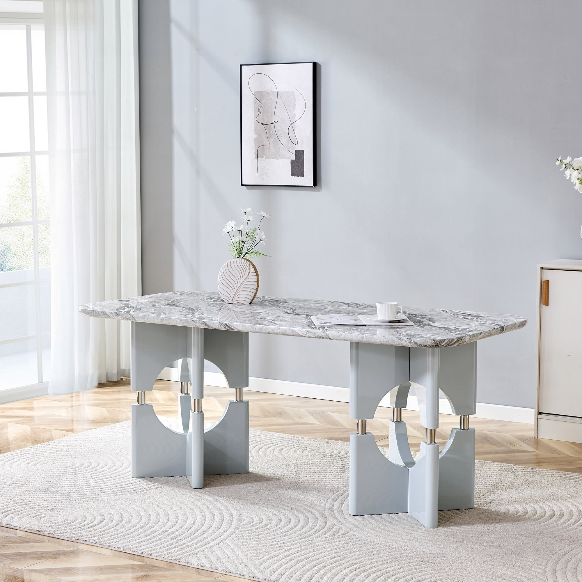Alvantor 71" Gray Marble Pattern MDF Dining Table with Metal Accents