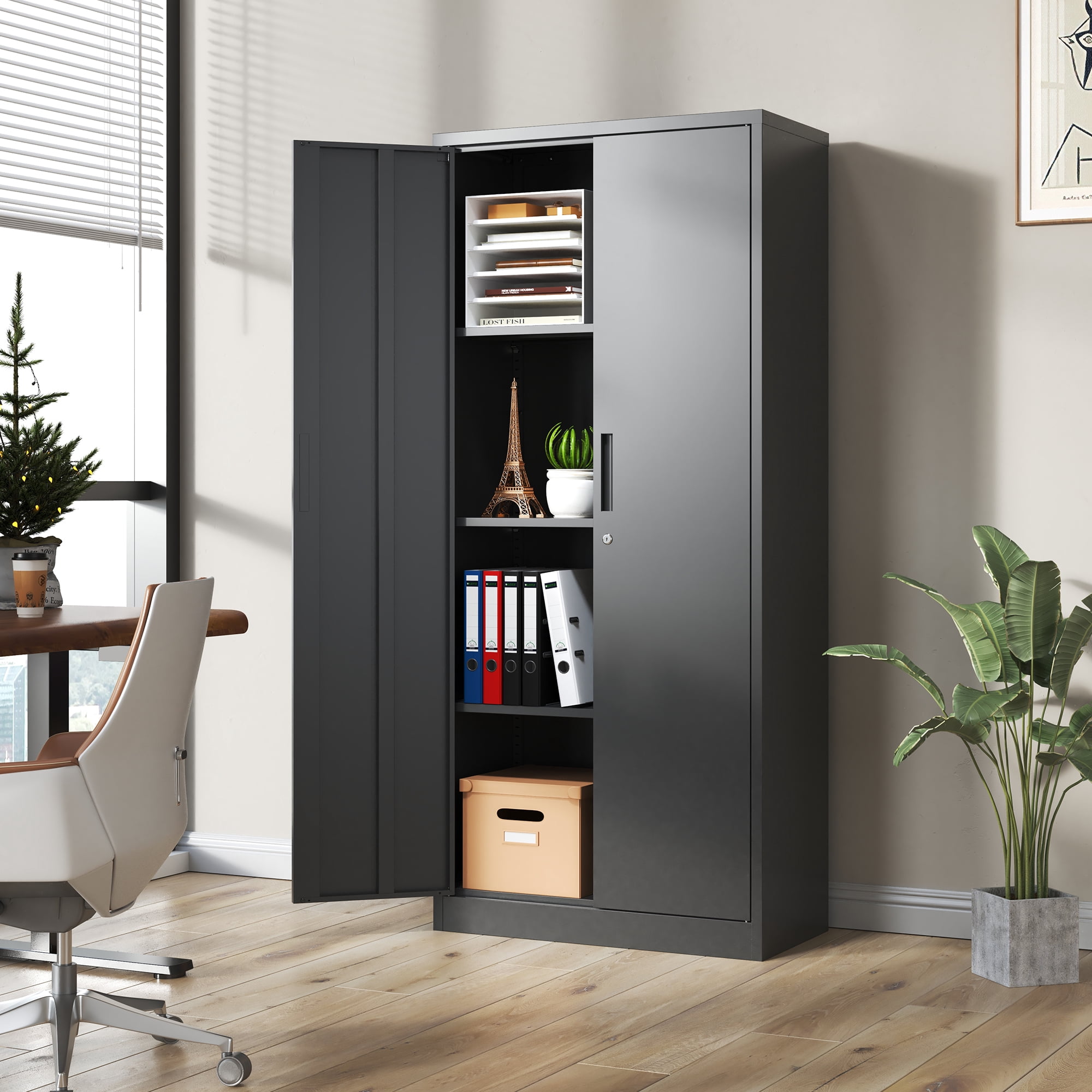 Alvantor 71" Tall Garage Storage Cabinet, Metal Storage Cabinet with Doors and 3 Adjustable Shelves for Garage, Home, Office Black