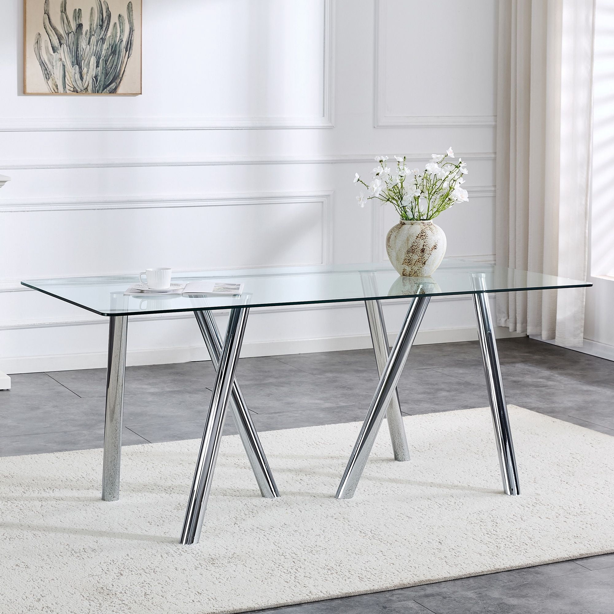Alvantor 71" Tempered Glass Dining Table with White Metal Legs