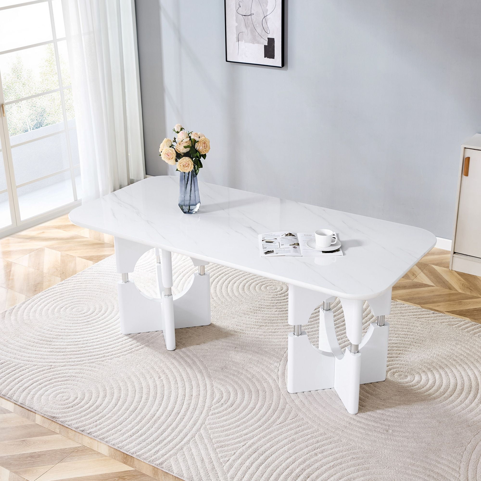 Alvantor 71" White Marble Pattern MDF Dining Table with Metal Frame