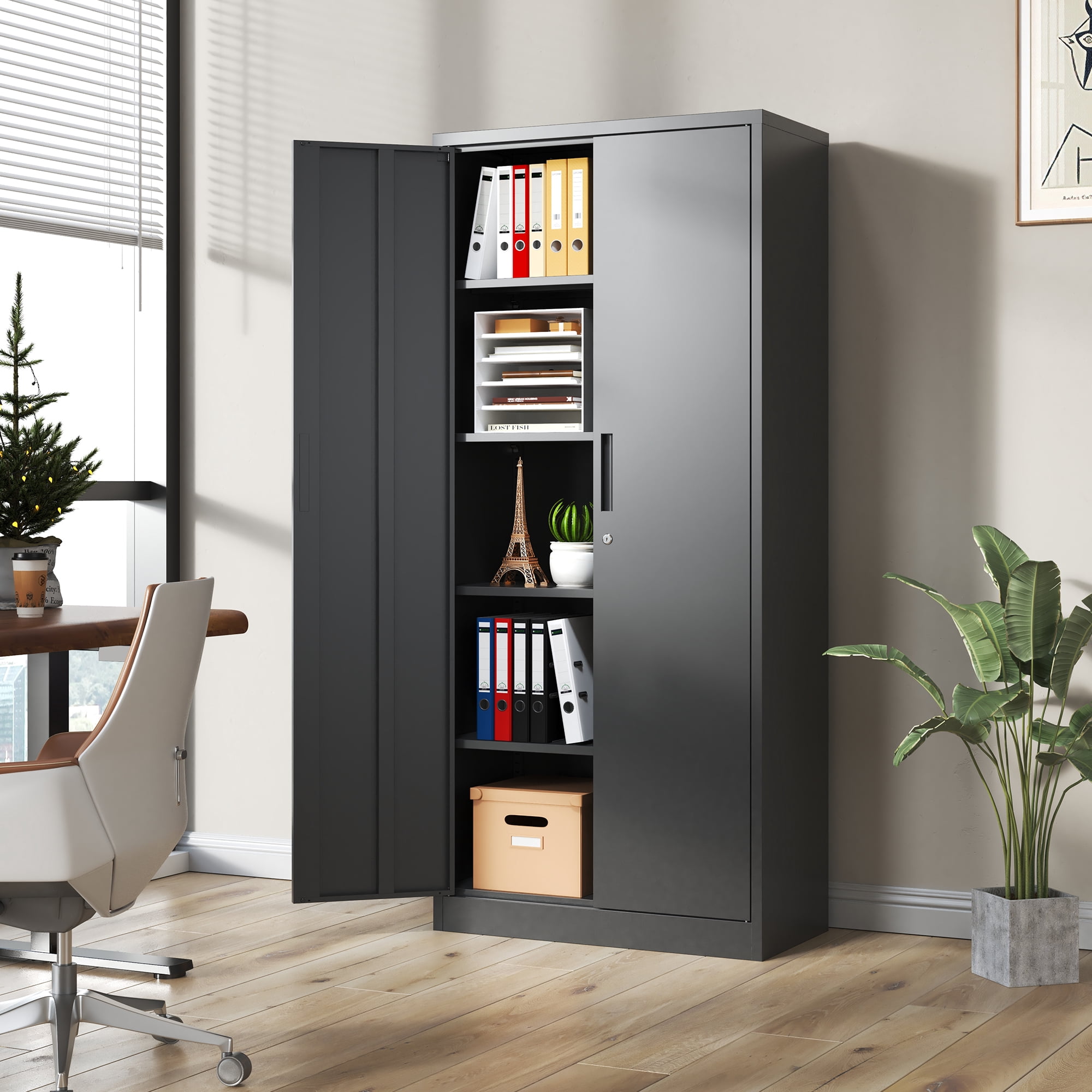 Alvantor 72" Tall Garage Storage Cabinet, Metal Storage Cabinet with Doors and 3 Adjustable Shelves for Garage, Home, Office Black