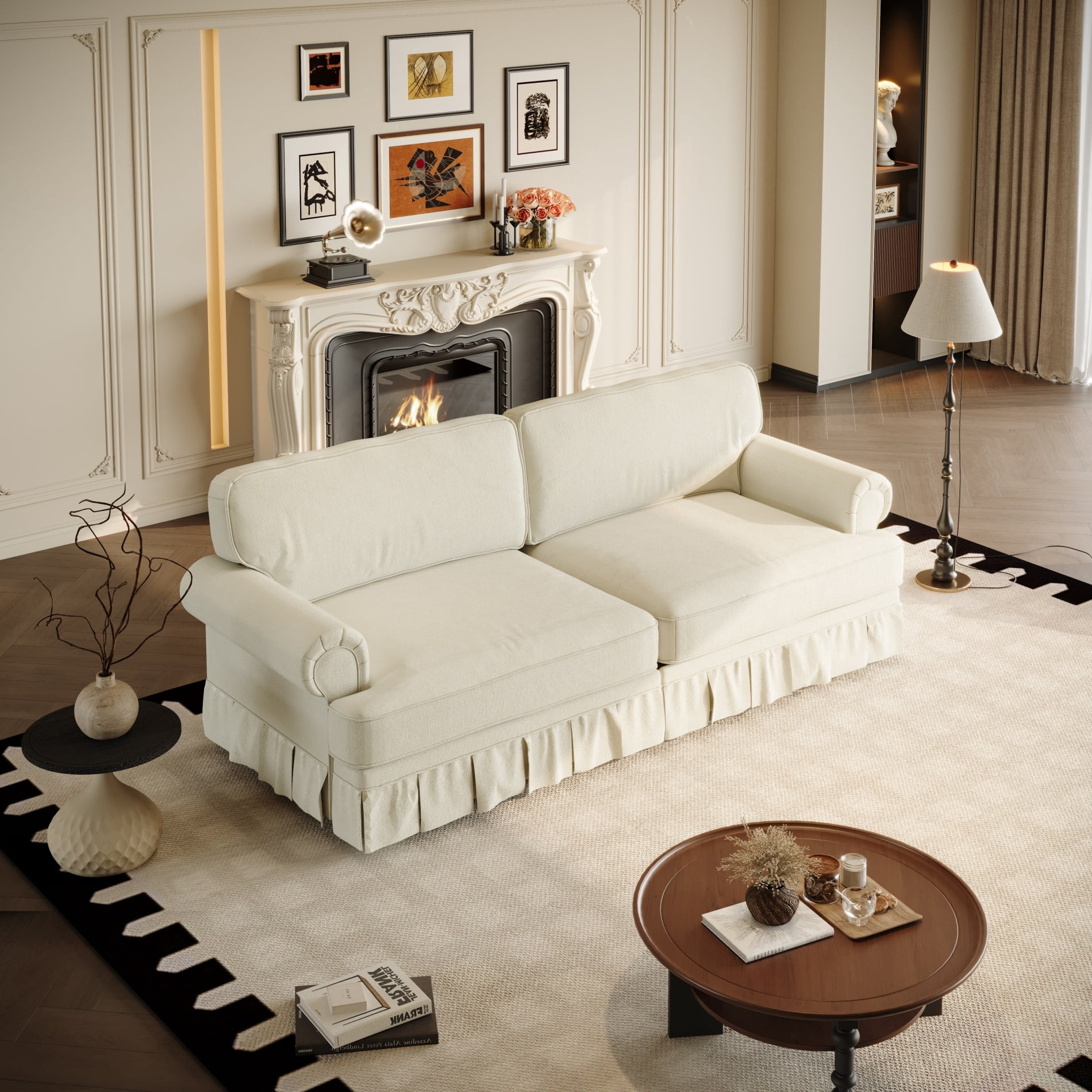 Alvantor 74" 3-Seater Cloud Sofa Couch Upholstered Chenille Couch with Rolled Arms & Pleated Skirt, Mid-Century Modern Sofa for Living Room Beige