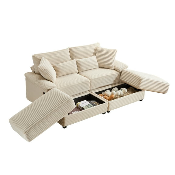 Alvantor 74" Sofa Loveseat with Reversible Ottoman & USB Port Corduroy Chaise Couch for Living Room Beige