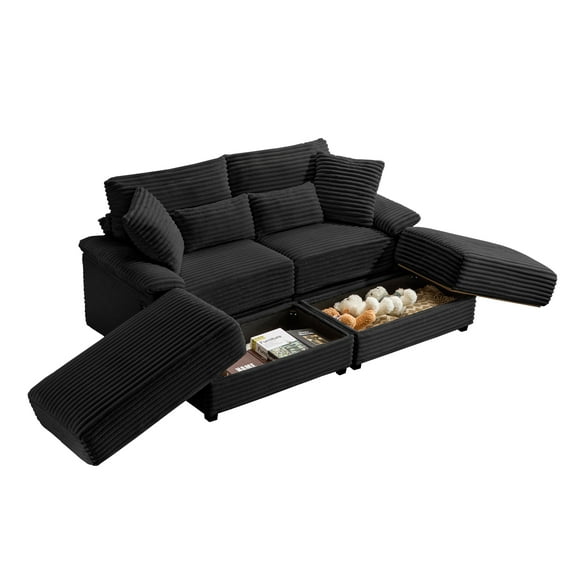Alvantor 74" Sofa Loveseat with Reversible Ottoman & USB Port Corduroy Chaise Couch for Living Room Black