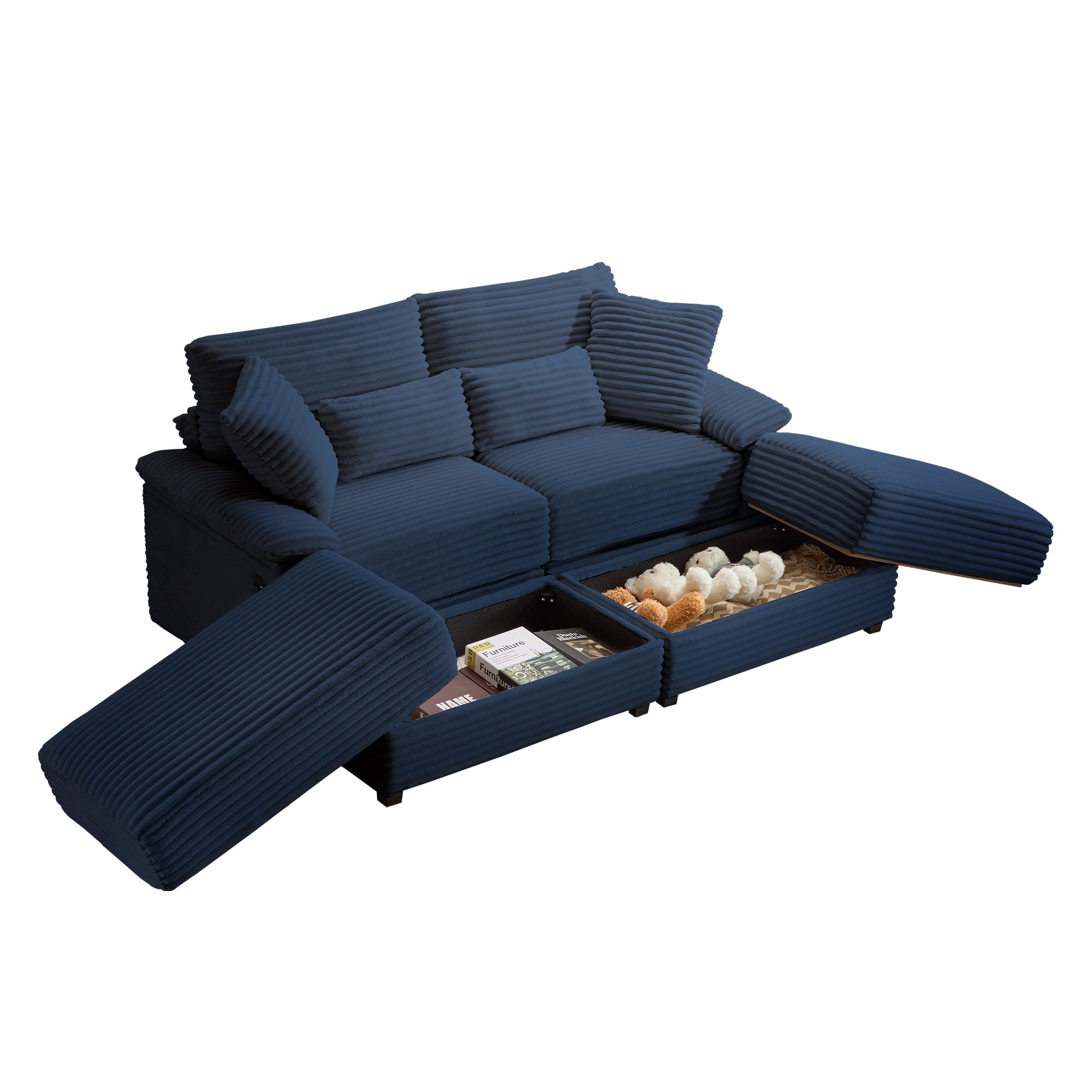 Alvantor 74" Sofa Loveseat with Reversible Ottoman & USB Port Corduroy Chaise Couch for Living Room Dark Blue